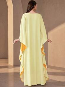Elegant Women's Long Robe, Decorated With Pearls, Round Neck Batwing Short Sleeve, Long Woven Fabric Dress, Suitable For Formal Occasions - Pale Yellow - View 3