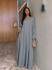 Solid Color Loose Long Sleeve Abaya Round Neck Flowy Conservative Muslim Women's Maxi Dress - Multicolor - View 9