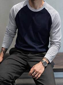 Men's Patchwork Slim Fit Raglan Sleeve Crew Neck Long Sleeve T-Shirt - Navy Blue - View 5