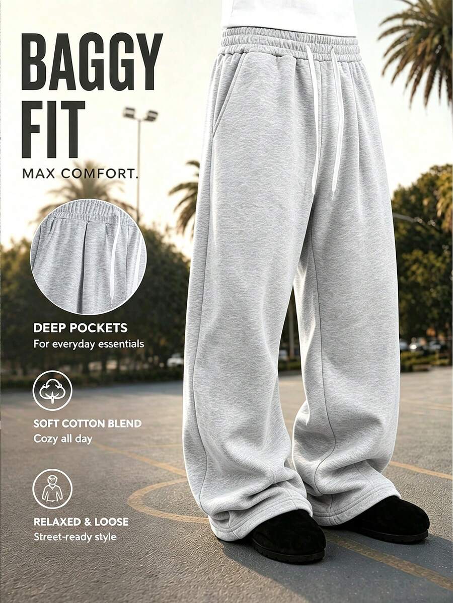 Men's Black Loose Drawstring Waist Ankle Length Pants, Relaxed Streetwear Vibe - Grey - View 1