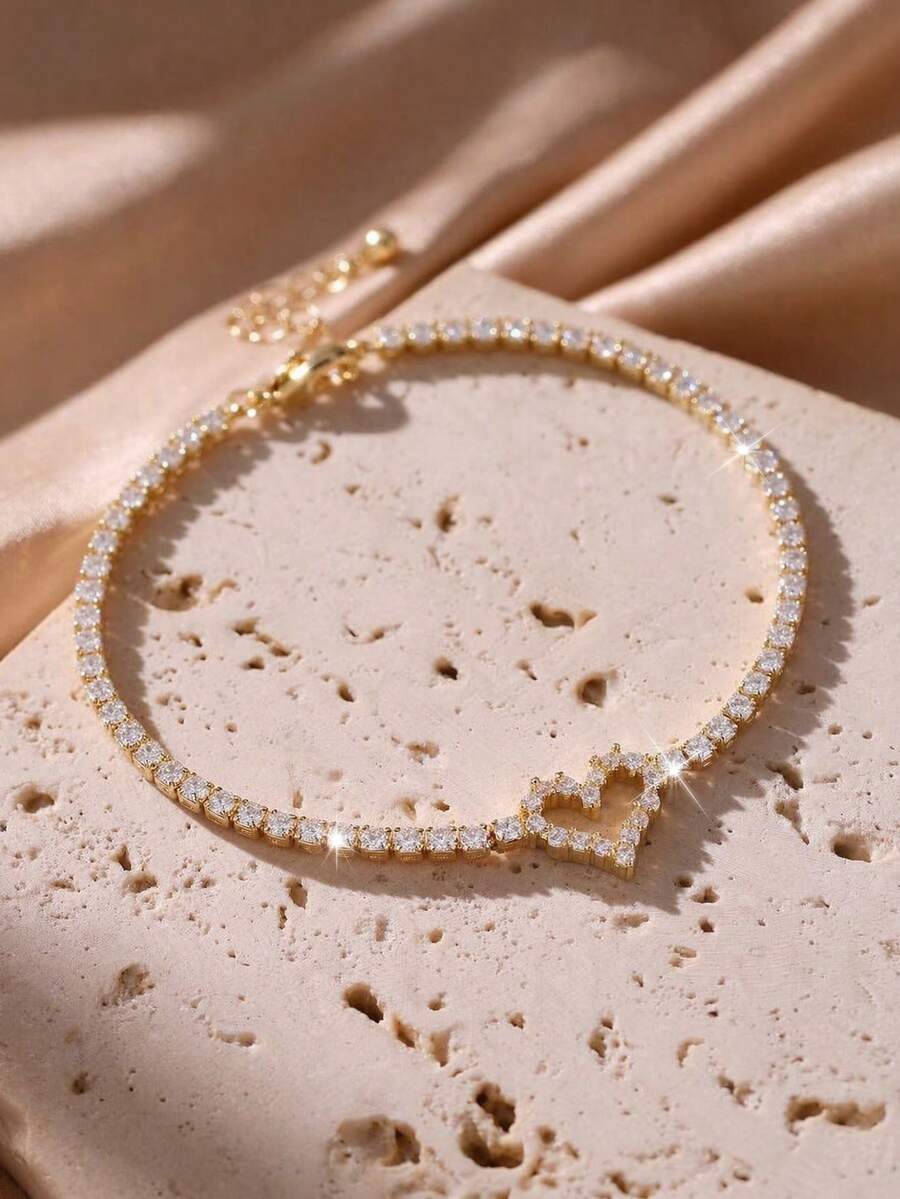 rakol 1pc Romantic Hollow Heart Charm Micro Pave CZ Gold Tennis Bracelet, Delicate Jewelry For Women Daily & Date Wear - Hollow Heart - View 1
