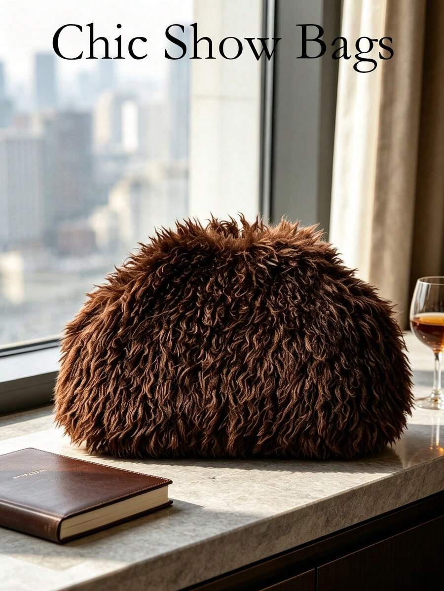 Women Clutch Handbag,Plain Faux Long Curly Mongolian Fur,Top Opening,Portable Storage,Luxury Fluffy Style,Evening Party Fall Winter Bag For Ladies - Coffee - View 1