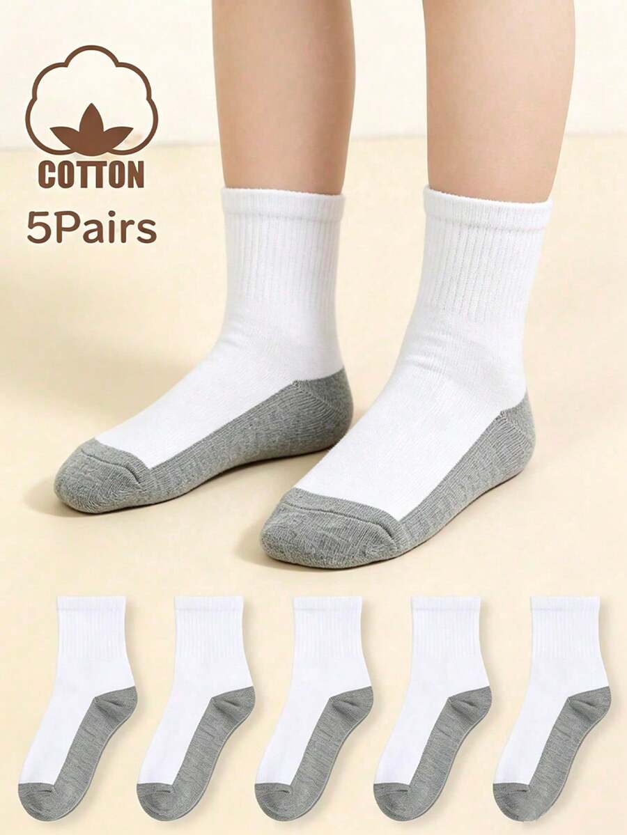 5 Pairs Cotton Children/Student Socks, Color Block Cotton Sports Socks, Moisture Wicking Socks For School Sports Competition, Versatile Student Socks - Grey - View 1