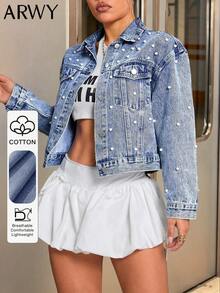 Women's Stylish Pearl Embellished Denim Jacket, Light Wash Long Sleeve Button Front Jean Coat With Collar, Short Length Non-Stretch Fabric Outerwear - Light Wash - View 7