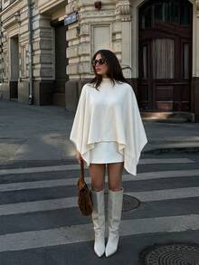 NOVELLE Women's White Sleeveless High Neck Poncho Knit Pullover Sweater, Asymmetric Loose Fit High Neck Sweater, Suitable For Daily Commute,Streetwear - White - View 8