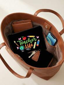 Portable Cosmetic Organizer For Teachers, "Teacher Life" Faux-Embroidery Style Print (2d); Travel Toiletry Bag. Large Capacity Stationery Pencil Case, Suitable For Commuting, Travel, Unique Teacher's Day, Back To School, Birthday, Party Gift - Multicolor - View 4