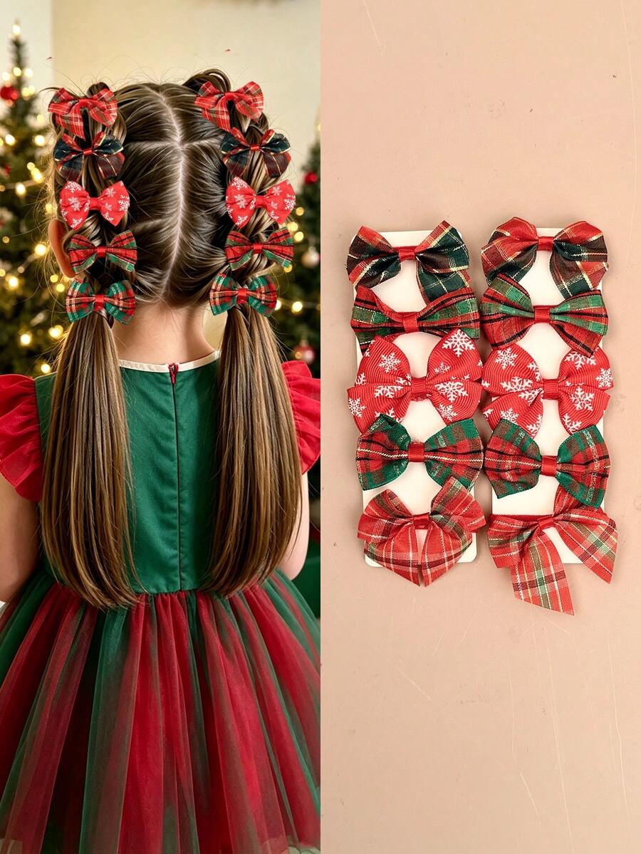 12pcs Random Girls Christmas Plaid Bow Hair Ties Fabric Snowflake Small ...