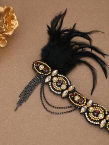 Women's 1920s Style Feather Headband, Beaded Rhinestone Hair Accessory, Chain Tassel Vintage Hair Hoop, Suitable For Wedding Party, Halloween Costume, Prom - Multicolor - View 7
