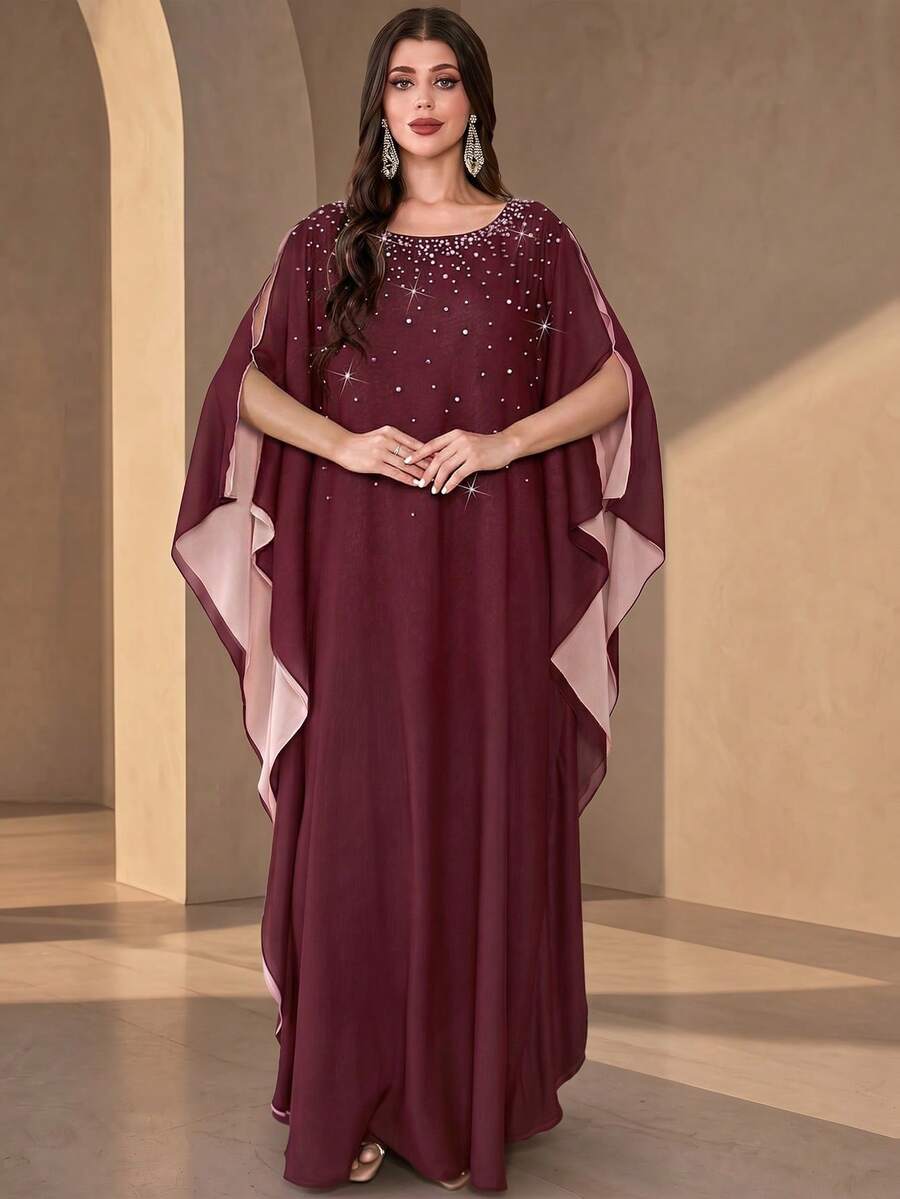 Gaun Panjang Wanita Elegan, Dihiasi Mutiara, Leher Bulat, Lengan Setengah Kelelawar, Gaun Panjang dari Kain Tenun, Cocok untuk Acara Formal