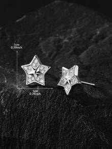 1 Pair/Multi-Style Full Rhinestone Exquisite Five-Pointed Star Stud Earrings, Densely Set Zirconia Silver-Tone Unisex Ear Jewelry, Suitable For Holiday Parties And Daily Wear - Silver - View 8