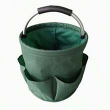 1pc Rustic Style Solid Color Gardening Tool Storage Bag, Round Bucket Shape With 6 Side Pockets And Thickened Metal Handle, Foldable Oxford Cloth Storage Bag, Large Capacity Home Gardening Organizer - A - View 10