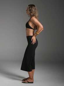 High Waist Wide Leg Capri Pants, Casual Pure Black Loose Capri Pants, Comfortable Slimming Versatile Sports Summer Style - Black - View 5