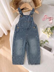 Baby Girls' Denim Overalls With Sweet Bow Jacquard Design, Casual Loose Fit Long Pants, Spring/Autumn - Royal Blue - View 2