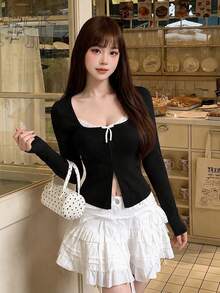 2026 Pure Desire Style Bow-Knit Top, Square Neck Zipper Fitted Black Ribbed Sweater, Sexy Lady Knitwear, Suitable For Autumn/Winter Daily, Date, Commute, Christmas, New Year, Outing, Commute, Date Sweater Top - Black - View 4