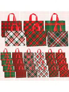 Christmas Plaid Non-Woven Gift Tote Bags, Reusable Waterproof Scottish Plaid Handbags With Red Handles, Christmas Holiday Plaid Pattern Gift Packaging Bags, Party Favor Bags - Multicolor - View 8