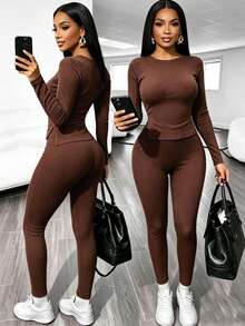 RNU Setelan 2 Potong Wanita Kasual Musim Gugur/Dingin, Bahan Bertekstur Ribbed, Atasan Rajut Lengan Panjang Slim Fit dengan Leher Bulat Kecil - Coffee Brown - View 11