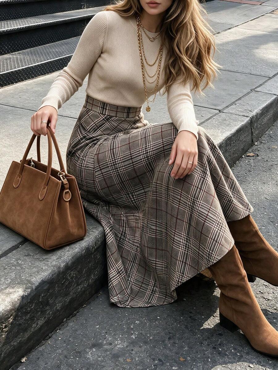 DONICY Women's Brown Base Diagonal Plaid High Waist A-Line Midi Skirt, Flowy Hem Long Skirt, Suitable For Spring And Autumn Daily Wear - Brown - View 1