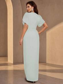 Women's Petal Short Sleeve Rhinestone Decorated Formal Evening Gown, Party Wedding Guest - Mint Green - View 2