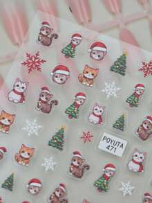 1 buah Stiker Kuku Kartun Kucing Natal Bentuk Kepingan Salju Pohon Natal Hijau Bola Warna-warni Stiker Kuku Permukaan Mengkilap Bentuk Asimetris Gaya Lucu Cocok untuk Pesta Liburan - MultiWarna - View 4