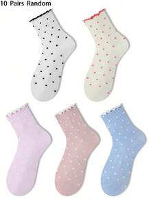 10/5/3/1 Pairs Women's Cherry Color Mid-Calf Socks, Polka Dot Pattern, Suitable For Daily Wear, Simple And Comfortable, Random Color - Multicolor - View 10