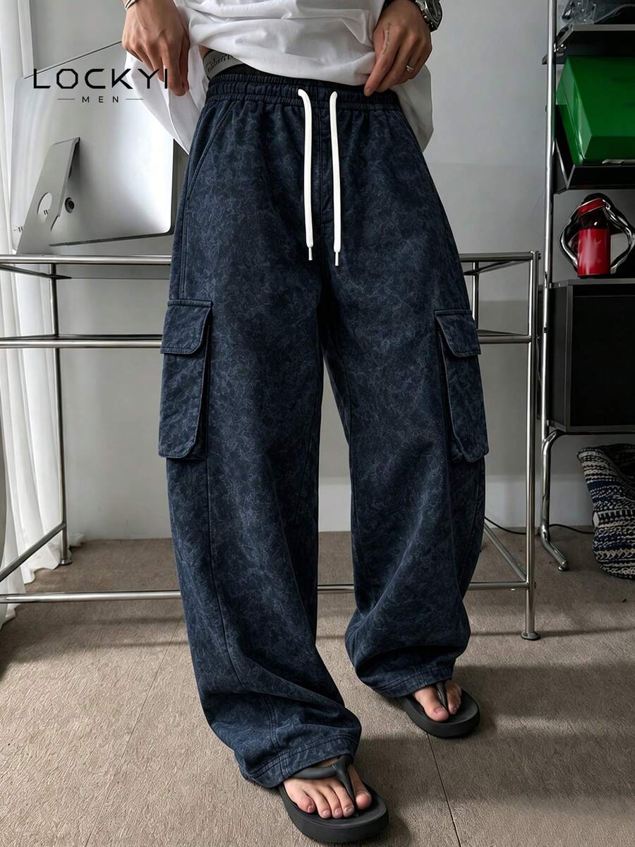 Men's Washed Distressed Cargo Pants, Dark Blue Loose Wide Leg, Multi-Pocket Versatile - Multicolor - View 1