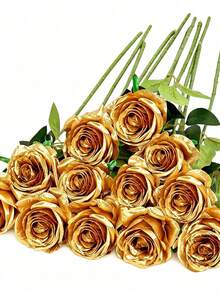 1/5/12/20 Pcs Gold 20-Inch Valentine's Day Gift Flowers Artificial Roses, High-End Artificial Roses, Suitable For Home Decor, Wedding Decor, Bridal Bouquets, Wrist Flowers, Bouquet Making. Suitable For Home, Restaurant - Gold - View 1