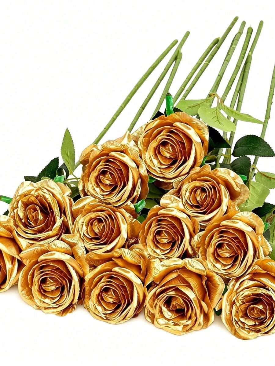 1/5/12/20 Pcs Gold 20-Inch Valentine's Day Gift Flowers Artificial Roses, High-End Artificial Roses, Suitable For Home Decor, Wedding Decor, Bridal Bouquets, Wrist Flowers, Bouquet Making. Suitable For Home, Restaurant - Gold - View 1
