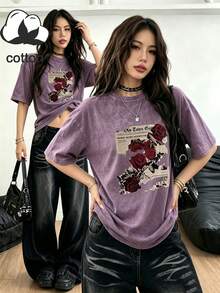 Women's Summer Short Sleeve T-Shirt, Distressed Washed Casual Graphic Tee, Round Neck, Spring/Summer/Autumn Outfit - Mauve Purple - View 10