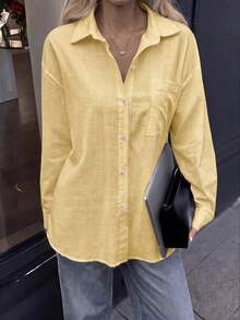 Vellofy Women's Autumn/Winter Brown 100% Pure Cotton Button Shirt Collar Long Sleeve Loose Fit Blouse With Pockets, Suitable For Home Leisure, Daily Dating And Gatherings - Yellow - View 6