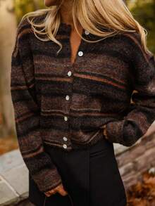 Women's Vintage Striped Knit Cardigan Sweater Jacket, Winter - Brown - View 1