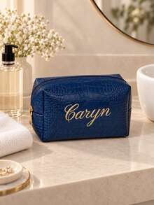 Personalized Embroidered Leather Makeup Bag, Crocodile Pattern Cosmetic Organizer, Women's Travel Toiletry Bag, Bridesmaid Gift - Multicolor - View 7