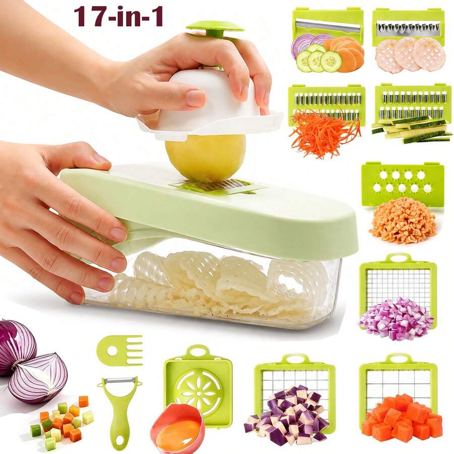 1/7/17pcs Multi-Function 17-In-1 Food Chopper, Vegetable Chopper, Onion Chopper, Vegetable Slicer, Dicer, Vegetable Chopper With 8 Blades, With Drain Basket, Salad Potato Carrot Garlic Container, Chopper With Container