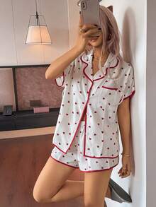 2pcs Women's Comfortable Red Heart Print Short Sleeve Collared Top And Shorts Pajama Set, Suitable For All Seasons - White - View 6