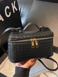 Woven Texture Decor Large Capacity Portable Dual Zipper Closure Vintage Luxury Style Handheld Box Bag, Suitable For Daily Commute, Dating, Girls Crossbody Small Bag, Versatile Personalized High-End Feel Makeup Pouch Fashion Item - Black - View 9