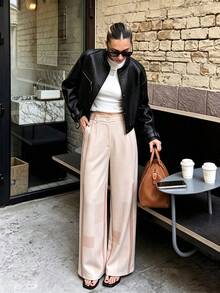 Women's Beige Geometric Color Block Striped High Waist Pleated Wide Leg Suit Pants, Button Fly Draped Floor-Length Casual Straight Leg Trousers - Multicolor - View 3