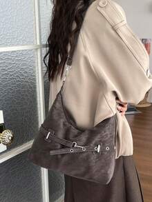Retro Distressed Faux PU Leather Material, Vintage Aesthetic, Fits Various Daily Outfits - Coffee - View 7
