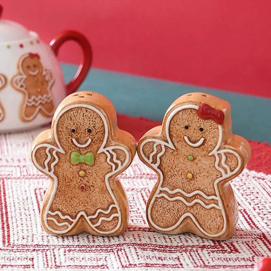 2pcs Xmas Gingerbread Man Pepper Salt Shaker Creative Ceramic Seasoning Shakers Ceramic Tableware Set Relief Damp Proof - As Show - View 1