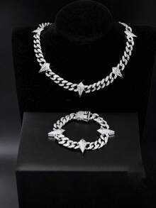 European & American Hip Hop Full Rhinestone Diamond Rhombus Spike Patchwork Cuban Chain Necklace & Bracelet Set, Heavy Rhinestone Studded Thick Chain, Unisex Rap Street Style Accessories, Gold & Silver Dual Colors Available - Spiked Cuban Link Chain - View 9