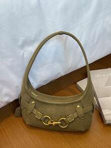 Vintage Woven Texture Crescent Moon Shaped Underarm Bag, Vintage Gold Buckle Design, Exquisite Shoulder Bag, Premium Feel, Suitable For Daily Commute - Green - View 7