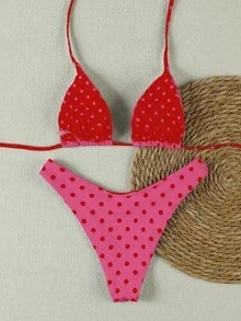 HOTTIE HABIT Conjunto de bikini triángulo con cuello halter y lunares magenta, busto fruncido, lazo ajustable, corte alto, traje de baño sexy de dos piezas, adecuado para vacaciones de verano en la playa - Rosa Fucsia - Ver 5