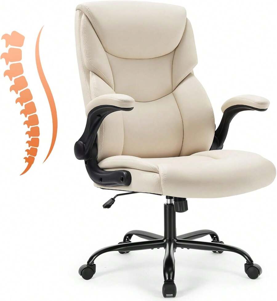 Silla de Oficina Ergonómica de Alta Resistencia con Brazos Abatibles, Small Desk Chair, Piel Sintética, Silla Giratoria Ajustable con Ruedas, Color Beige, Silla de Oficina Cómoda para Oficina en Casa, Estudio y Espacios de Trabajo Doméstico - Beige - Ver 1