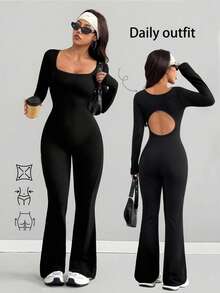 VENORA Women Square Neck Long Sleeve Jumpsuit, Back Cutout Flared Leg One‑Piece Outfit, High Stretch Bodycon Slim Fit Black Jumpsuit For Daily,Fall - Black - View 3