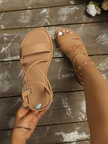 2026 Summer New Flat Soft Sole Soft Upper Fashion Versatile Woven Elastic Beach Open Toe Sandals - Khaki - View 2