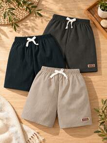 3pcs/Set Young Boy Street Casual Style Solid Color Minimalist Letter Badge Woven Shorts - Multicolor - View 1