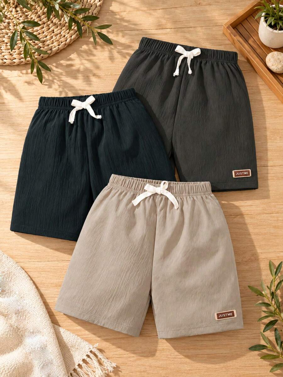 3pcs/Set Young Boy Street Casual Style Solid Color Minimalist Letter Badge Woven Shorts - Multicolor - View 1