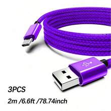 60W USB 轉 Type-C 快充傳輸線，尼龍編織 USB-A 轉 USB-C 充電線，適用 Galaxy S26/S25/S24/S23/S22/S21/S20 手機充電線，1條/3條，萬聖節禮物/聖誕禮物 - 紫色 - 查看 11