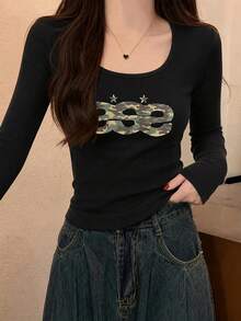 New Spring/Autumn Short Long Sleeve T-Shirt Women Y2K Generation Fun Design Camouflage Print Korean Style U-Neck Versatile Casual Slim Fit Top - Black - View 2