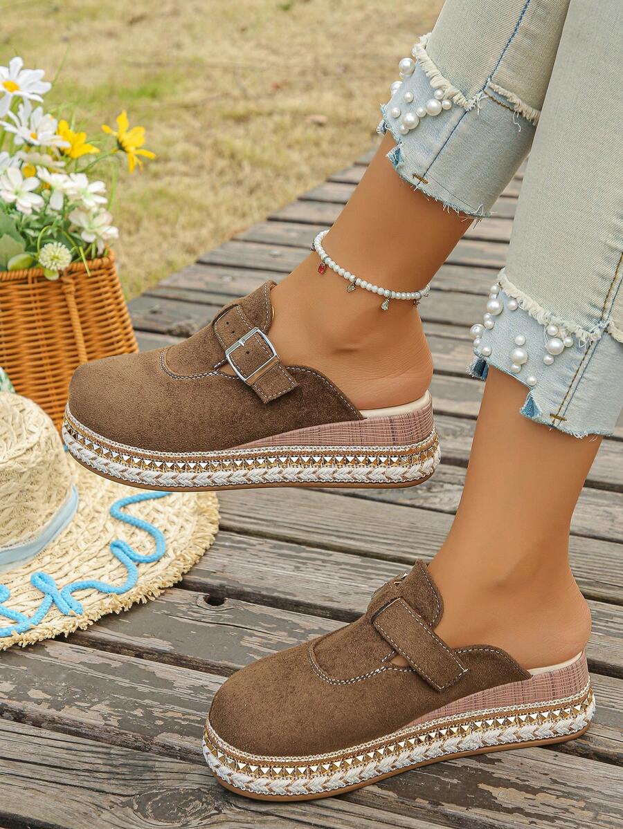Sandal Selop Wanita Berbahan Beludru Vintage dengan Tali Kepang, Sol Tebal, Sepatu Kasual Setengah Selip untuk Pemakaian Sehari-hari di Musim Semi dan Gugur, Ukuran Besar - Suede cokelat tua - View 1