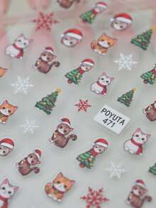 1 buah Stiker Kuku Kartun Kucing Natal Bentuk Kepingan Salju Pohon Natal Hijau Bola Warna-warni Stiker Kuku Permukaan Mengkilap Bentuk Asimetris Gaya Lucu Cocok untuk Pesta Liburan - MultiWarna - View 6