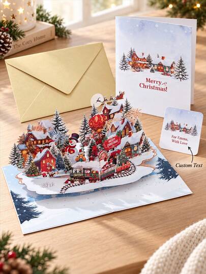 Personalized Text Pop Up Christmas Greeting Card, 3D Christmas Village With Train, Snowman, Santa Sleigh And Custom Message Card, Holiday Home Display, Keepsake For Family, Friends, Couples And Coworkers, Christmas Celebrations And Winter Greetings